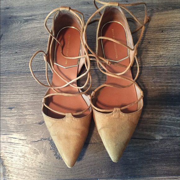 Zara Brown Pointed Toe Lace Up Flats - Picture 2 of 5
